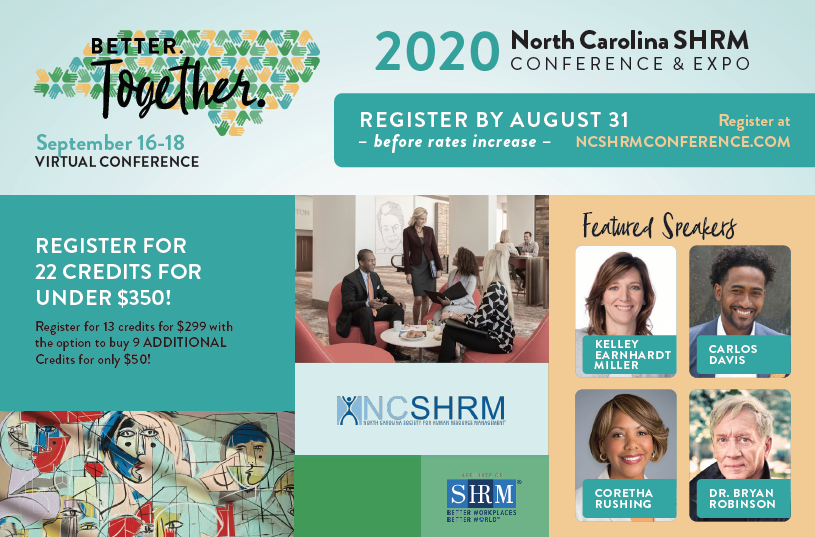 HRVirginia1's tweet photo. #HRVA & #NCSHRM are better together! VA #HRPros are invited to attend the #NCSHRM2020 virtual conference. Earn up to 13 #SHRM and #HRCI recertification credits 9/16-9/18. Check out their link for speaker line up and registration details. #HRCommunity https://t.co/4YxvgJJkpa https://t.co/zzjLZErxBh