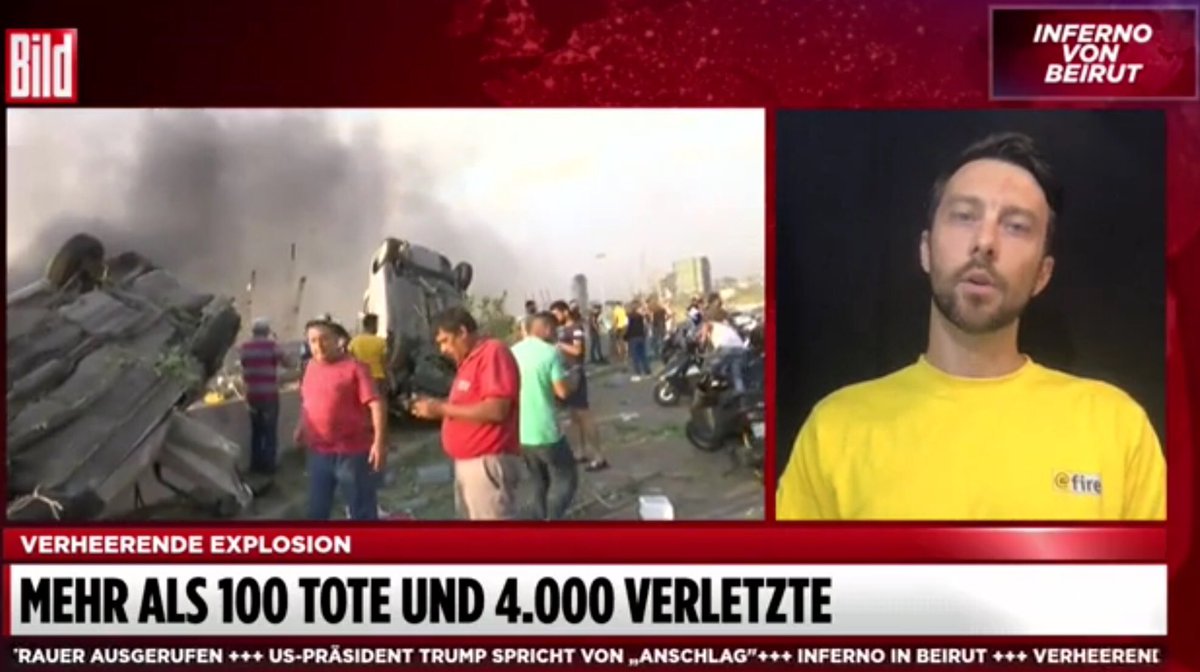 Mehr als 100 Tote und 4000 Verletzte forderte die Detonation in Beirut. Sebastian Hodapp von ⁦<a href="/at_fire/">@fire - Internationaler Katastrophenschutz</a>⁩ Internationaler Katastrophenschutz Deutschland e.V. mit seiner Einschätzung der Lage bei BILD Live.
facebook.com/bild.video/vid…