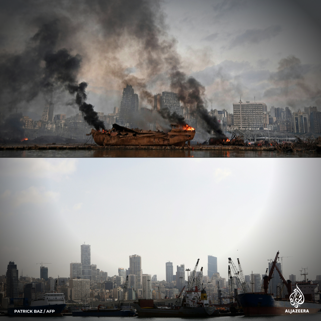 This before and after image of the  #BeirutBlast shows the impact of the massive explosion that has killed at least 100 people, injured thousands, and left up to 300,000 homeless.All the latest updates   https://aje.io/czt9d 
