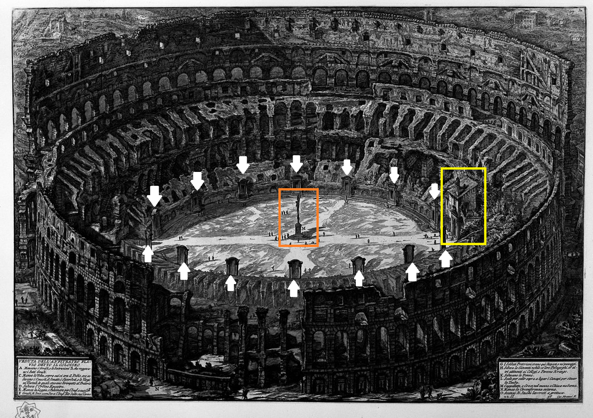 A ver ahora.Señalo "cosas" que le hemos arrancado al Coliseo para que parezca "más romano".Pero que formaban parte de su historia y de su uso durante siglos.Recordad que la tradición cristiana señala el Coliseo como lugar de martirio de las primeras comunidades cristianas.