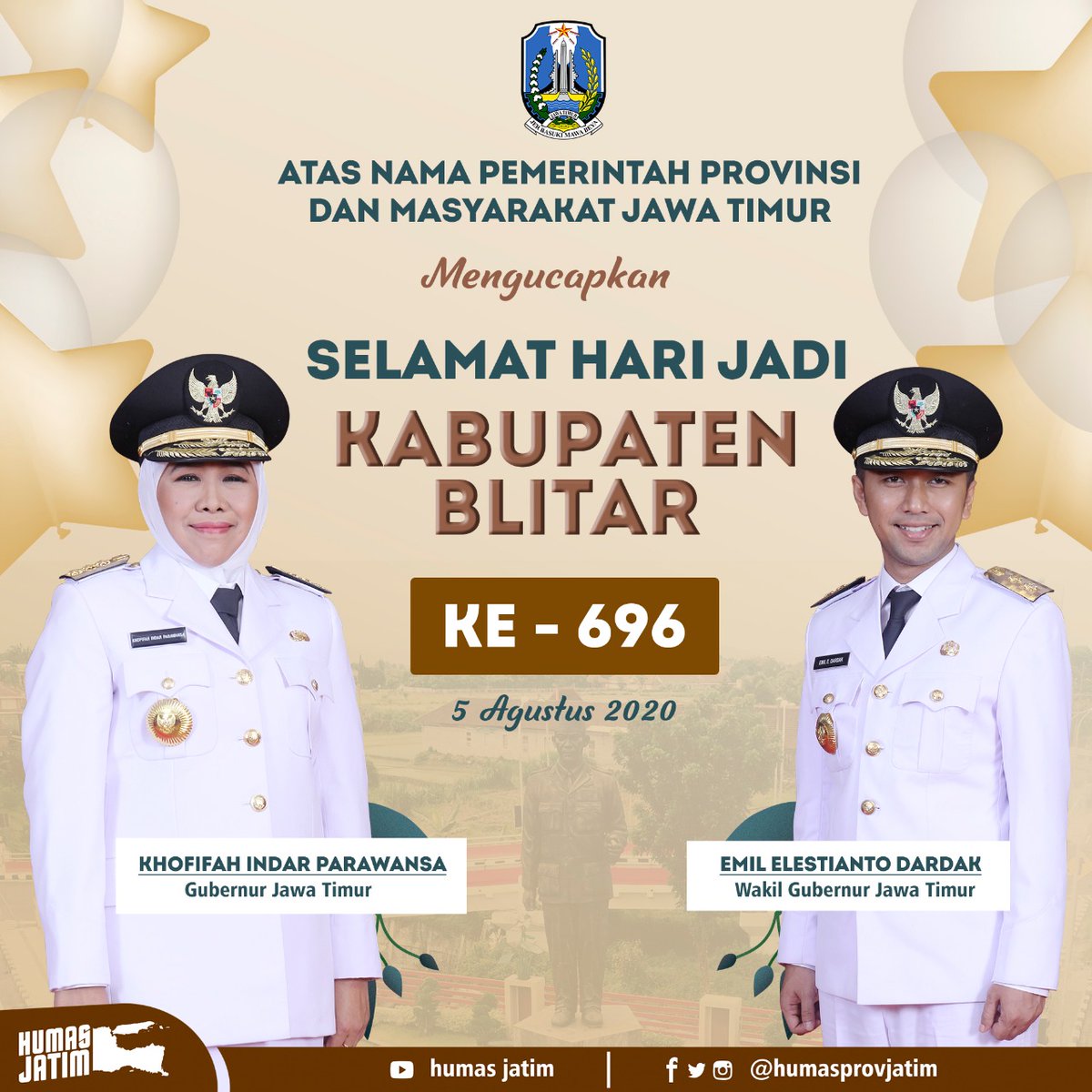 humasprovjatim's tweet photo. Atas nama Pemerintah Provinsi dan Masyarakat Jawa Timur mengucapkan Selamat Hari Jadi ke-696 Pemerintah Kabupaten Blitar.
.
#khofifah
#emil
#arumi
#jawatimur
#nawabhaktisatya
#gubernur
#gubernurjatim
#eastjava
#wonderfuleastjava
#cettar
#jatimcettar
#humas
#humasjatim https://t.co/M2NpyLgqUE
