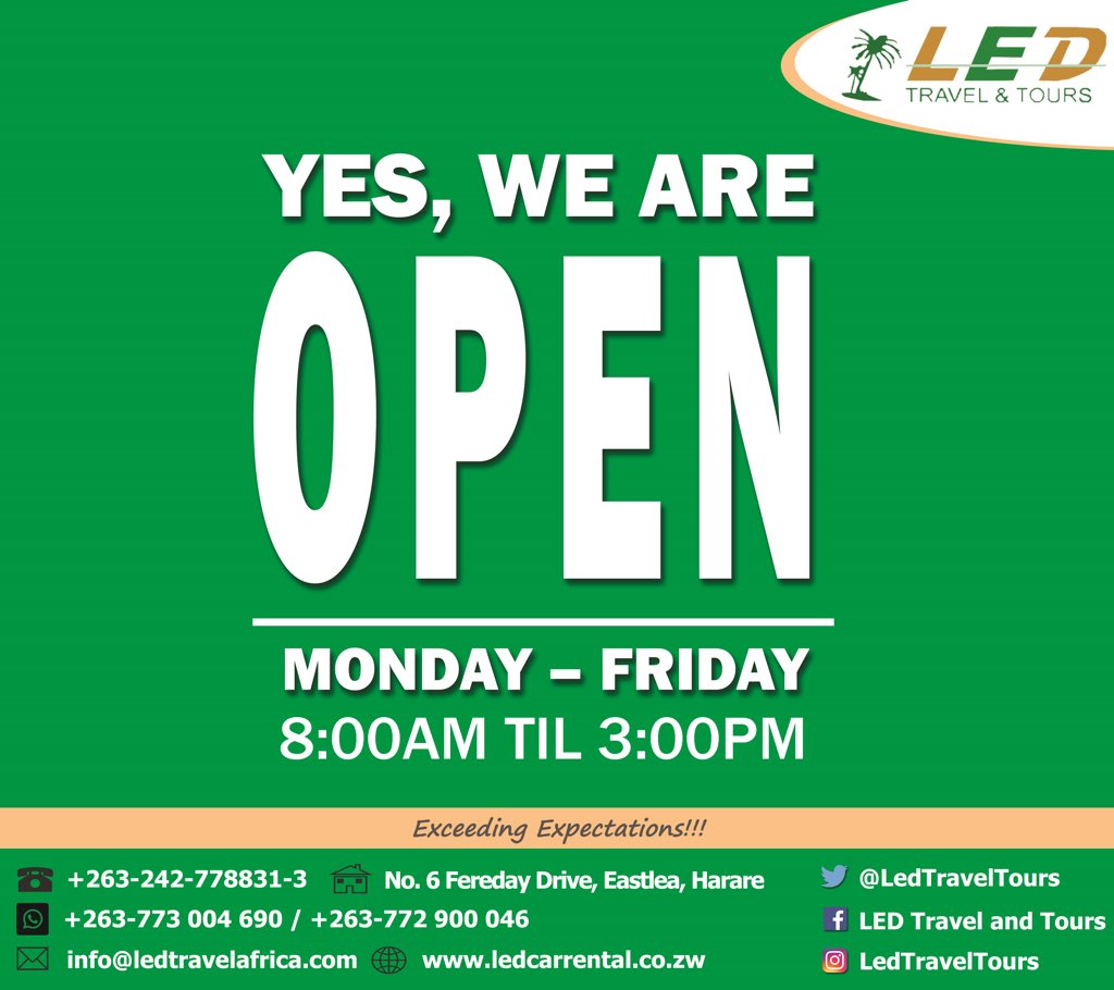 LedTravelTours's tweet photo. Our offices continue to operate and we encourage clients to observe all health protocols when visiting us. We are here to serve you! #ExceedingExpectations!!! 
#StaySafe #StayStrong #wewilltravellagain #cars #hire #hygiene #airtravel https://t.co/glWi6M6Kbz