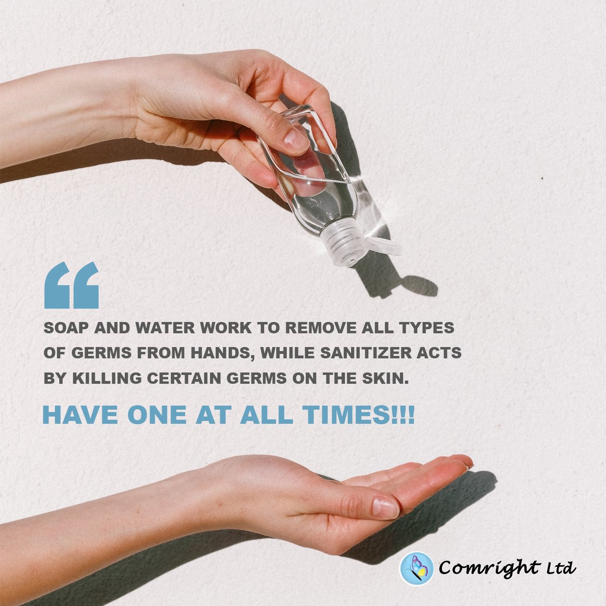 Comright1's tweet photo. Using hand sanitizer reduces microbial counts and kills many harmful germs. HAVE ONE AT ALL TIMES!!!
#Comright #COVID19 #KeepThemClean #StaySafe https://t.co/ANawmTNThJ