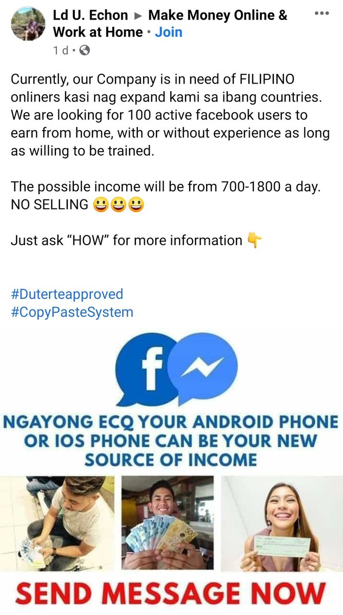 Do you want to see how troll farms recruit? Try searching " #DuterteApproved" on Facebook, and you will discover numerous posts from individuals looking for "onliners" for their supposed "company" These trolls are getting paid PHP 700-1800 a day just for copy-pasting propaganda.