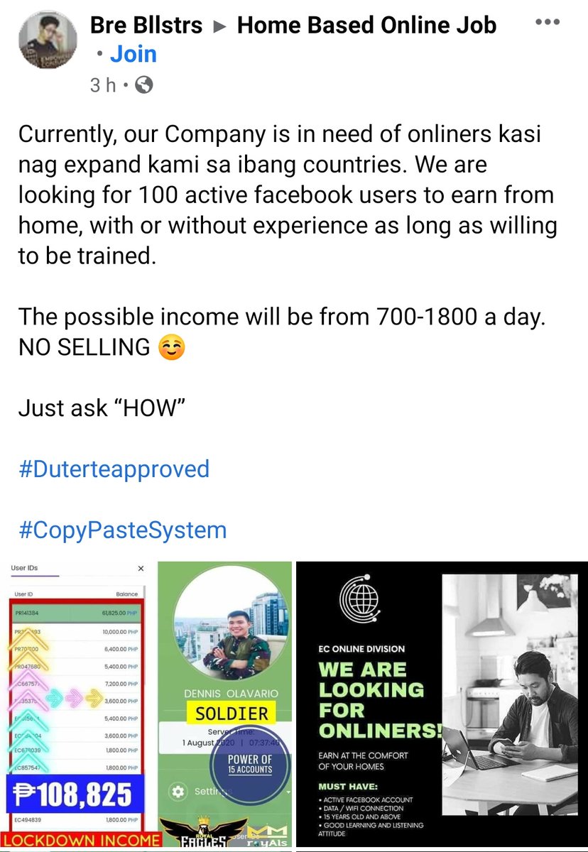 Do you want to see how troll farms recruit? Try searching " #DuterteApproved" on Facebook, and you will discover numerous posts from individuals looking for "onliners" for their supposed "company" These trolls are getting paid PHP 700-1800 a day just for copy-pasting propaganda.