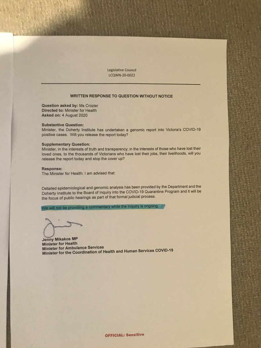 georgiecrozier's tweet image. Here are the answers to the questions I raised in the Parliament yesterday. Noting the no commentary because of #HQInquiry .. despite Chairperson Coate saying the inquiry is not a court so doesn’t prevent anyone from commenting publicly or answering questions.. #springst