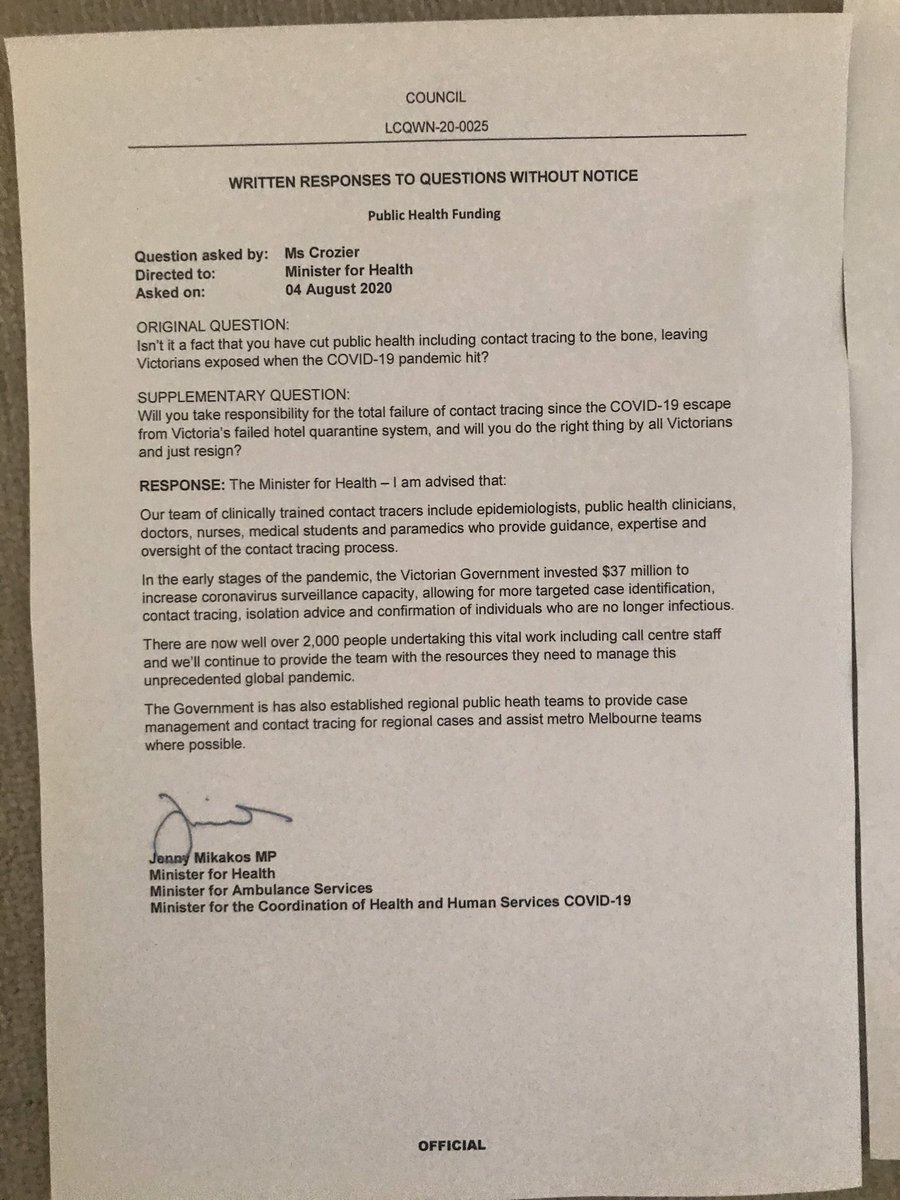 georgiecrozier's tweet image. Here are the answers to the questions I raised in the Parliament yesterday. Noting the no commentary because of #HQInquiry .. despite Chairperson Coate saying the inquiry is not a court so doesn’t prevent anyone from commenting publicly or answering questions.. #springst