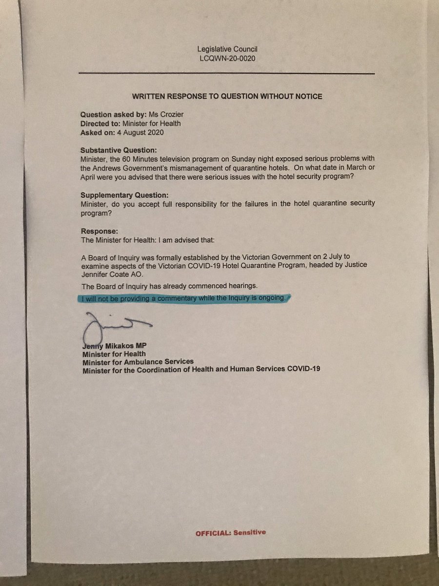 georgiecrozier's tweet image. Here are the answers to the questions I raised in the Parliament yesterday. Noting the no commentary because of #HQInquiry .. despite Chairperson Coate saying the inquiry is not a court so doesn’t prevent anyone from commenting publicly or answering questions.. #springst