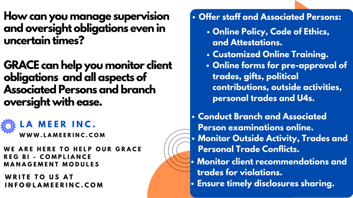 LaMeerInc's tweet photo. How can you manage supervision and oversight of staff and associated persons for #RegulationBI?
We have a full solution to help your with your #RegBI obligations with GRACE for #RegBI
#RegTech #RIA #brokerdealer
https://t.co/AjyxYAWEa9 https://t.co/HDwvOQfnhv