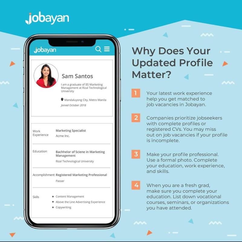 jobayancom's tweet photo. The best way for your profile to standout is to update your Resume whenever you have completed projects you've worked on!

A friendly advise from Jobayan Philippines.

Start your job hunting now! Click the link to sign up! 
https://t.co/489XXeQ07s https://t.co/eOOUd6yN1D