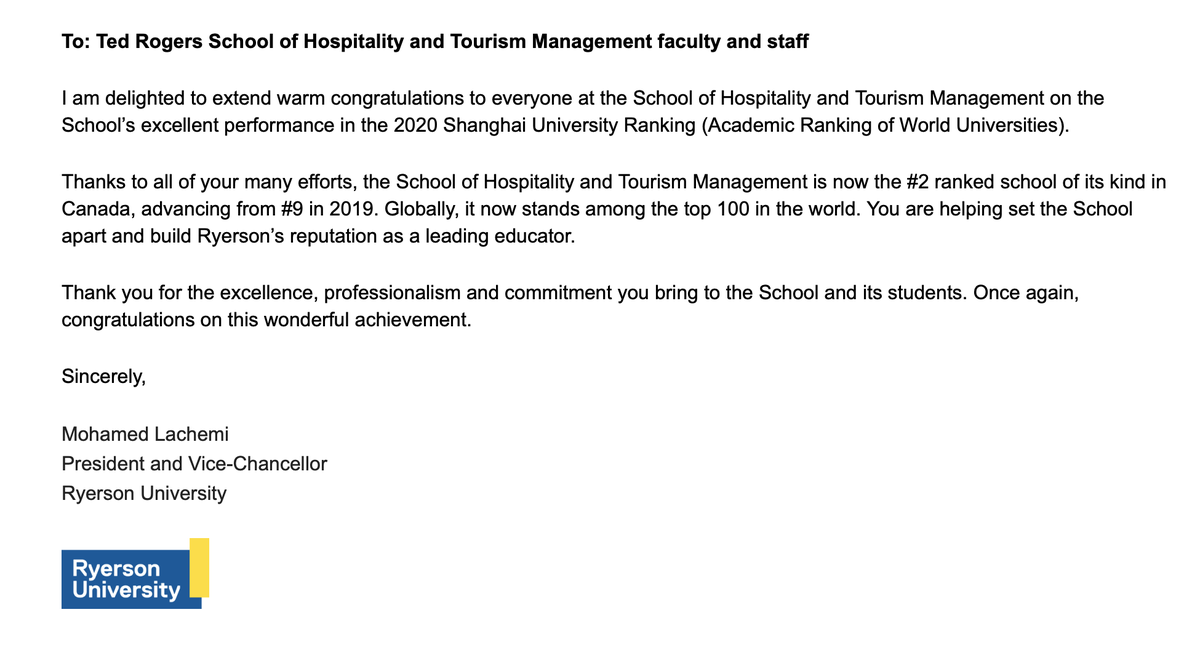 FDimanche's tweet photo. This was a very nice message to receive from @RyersonU President Lachemi :-). Congrats again to our @HTMRyerson faculty for this achievement! @RyersonResearch https://t.co/7AdqeUJM0X