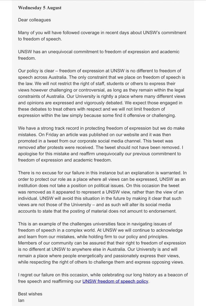 Ian Jacobs , president and vice Chancellor of  @UNSW apologised for deleting tweet of  @PearsonElaine ‘s article on HK Human rights crisis.But he fails to explain why it happened —— compromising undee pressure from China.Apology like this is just meaningless pr management.