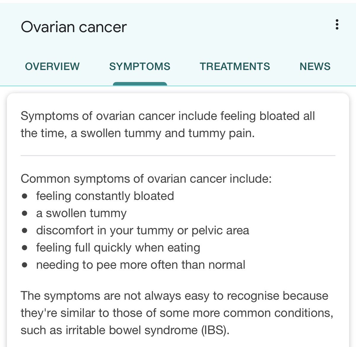 If you are female you are not routinely screened for Ovarian cancer. I didn’t understand the symptoms and neither did my mate. She’s not here any more. The symptoms are easily dismissed as irritable bowel. Knowing our female bodies is crucial. Knowing our bodies are female. Same.