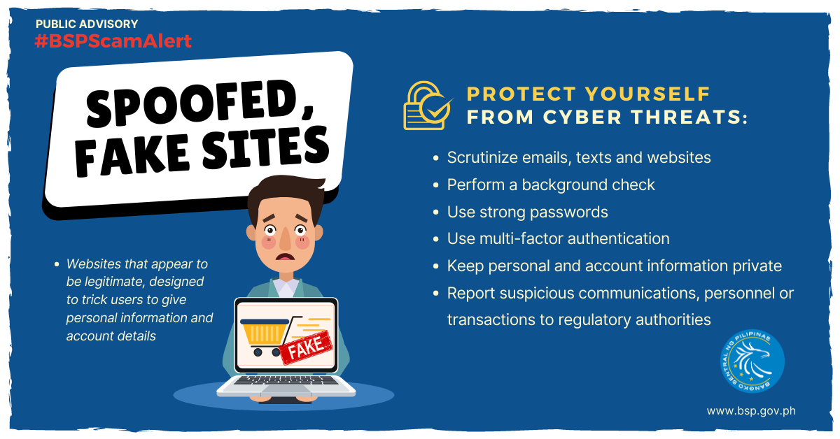 BangkoSentral's tweet photo. #BSPScamAlert: Spoofed or Fake Websites
Beware of such schemes and practice simple yet crucial steps to ensure the safety and security of your online transactions.
https://t.co/njF9eWWYA5 https://t.co/ErxdkIUOOV