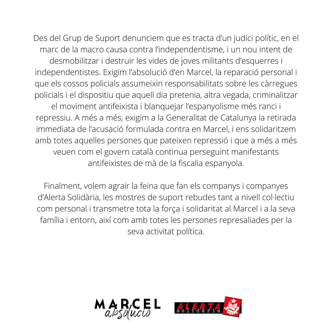 marcelabsolucio's tweet image. ‼ COMUNICAT DEL GRUP DE SUPORT #MarcelAbsolució 

La solidaritat és la nostra millor arma, sense cap por seguirem defensant els nostres drets