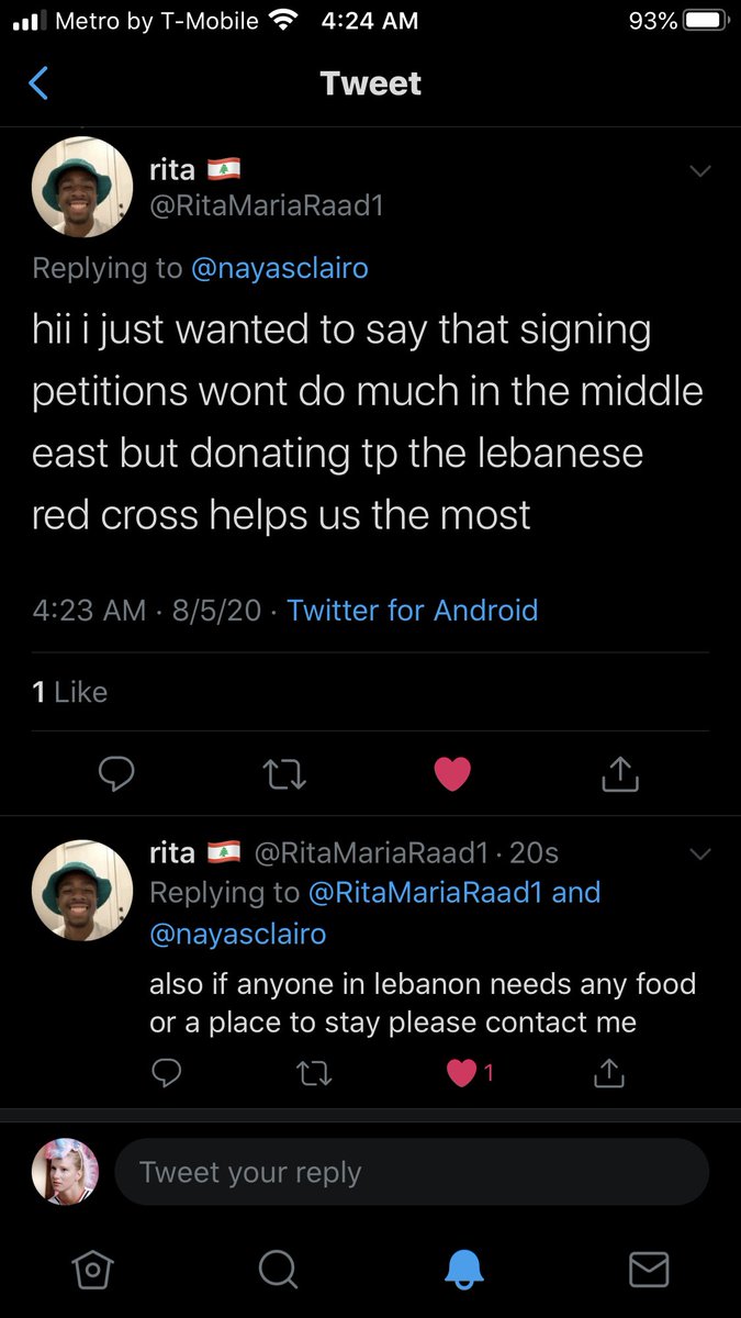  @RitaMariaRaad1 has kindly offered food/shelter to those in lebanon who may need it! also remember that donating to the lebanese red cross is a super good place to donate