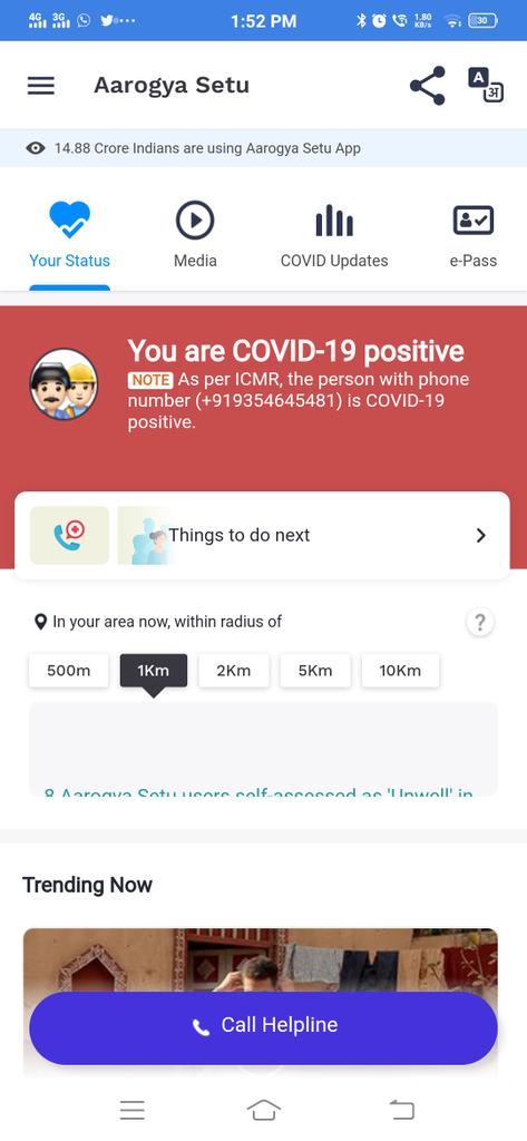 erashishtyagi's tweet photo. @SetuAarogya I got positive report on 22nd July and as per Govt. Authority (ICMR Guidelines) got fitness certificate Today.
But,My Aarogya Setu Showing me positive...
In this situation,I will not join my office.
Please help me to change the color. https://t.co/pMsUNwXA4U