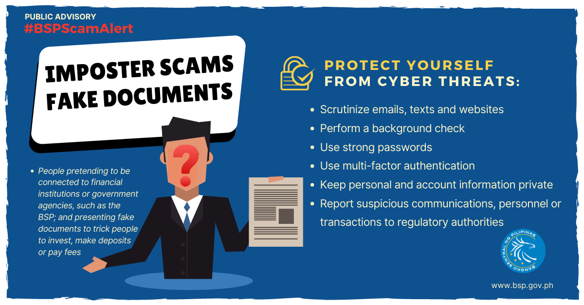 BangkoSentral's tweet photo. #BSPScamAlert: Imposter Scams and Fake Documents
Beware of such schemes and practice simple yet crucial steps to ensure the safety and security of your online transactions.
https://t.co/njF9eXezrD https://t.co/ul1qW5RYWR