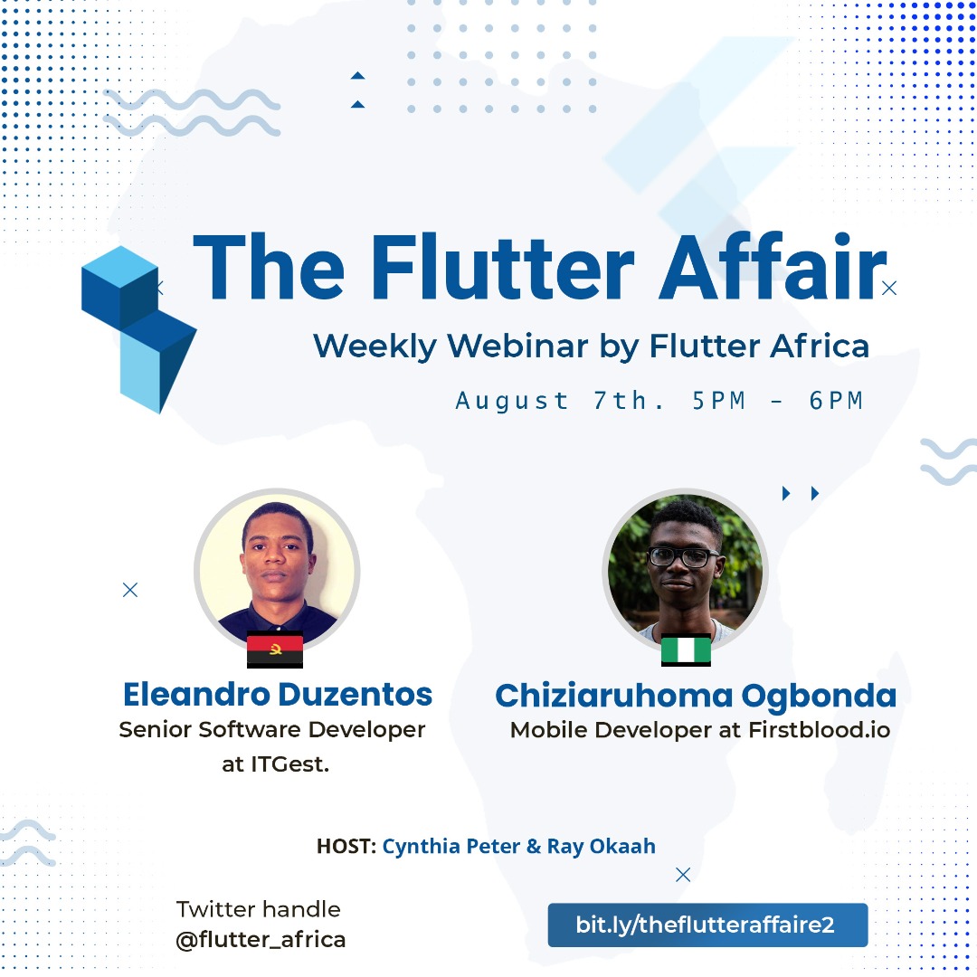 Flutter_Africa's tweet image. Join us as we interview and get to meet this awesome developers (@iam_e200 and @chiziaruhoma) building with Flutter in Africa, as they share their insight and story. Google Meet URL: bit.ly/theflutteraffa… #Flutter #FlutterAfrica