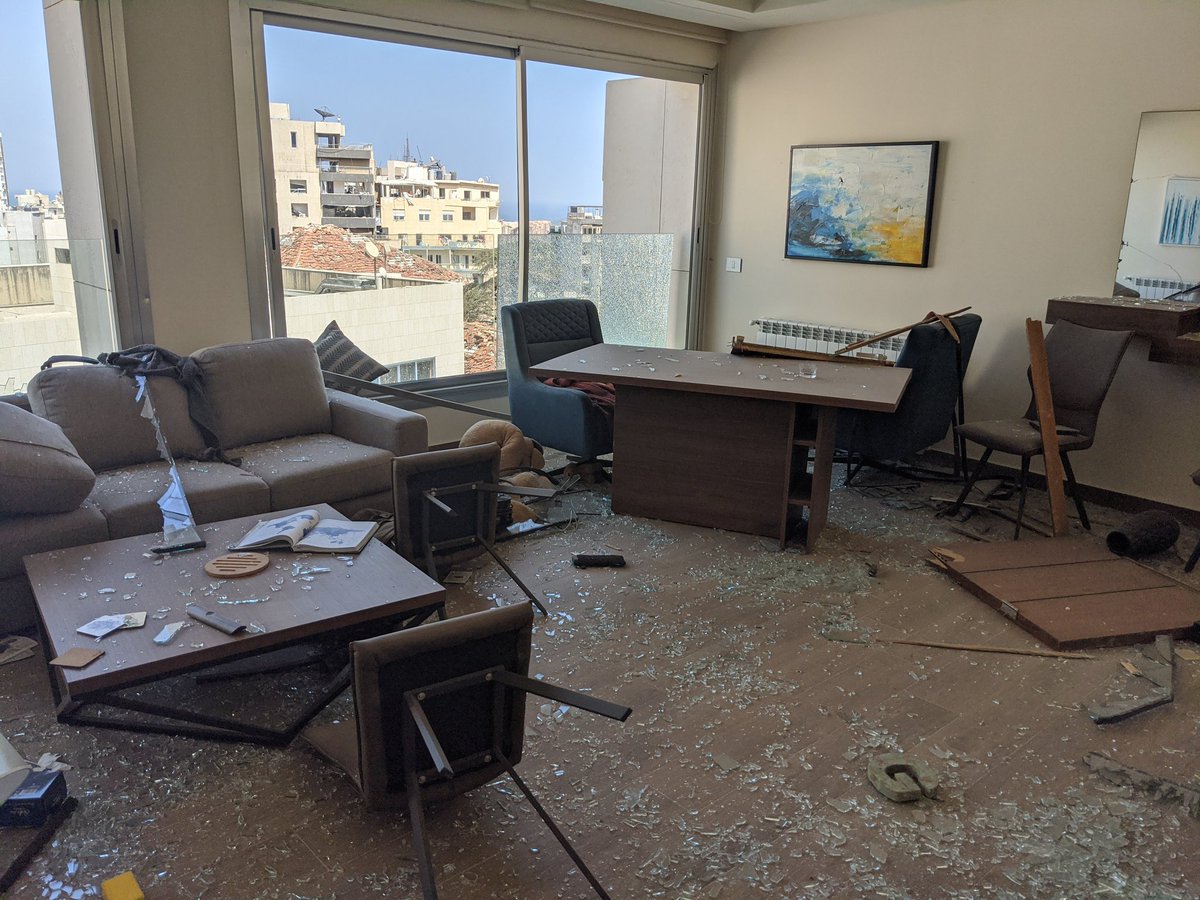 glcarlstrom's tweet photo. State of my flat in Beirut. And all the flats in my building, the hospital across the street, the whole area. Glass and debris still falling off buildings. Entire neighborhood just devastated. https://t.co/gXV7YJoHOR