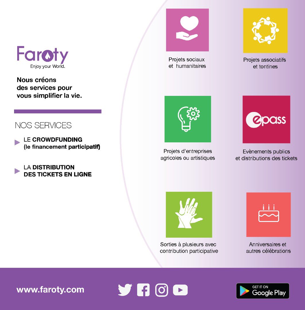 Faroty vous propose des services pour vous simplifier la vie.

Contactez les pour le Crowdfunding ou la distribution de Tickets pour vos concerts ou autres.

<a href="/farotyMe/">Faroty</a> 

#Faroty
#Dishco
#DigitalShareContents