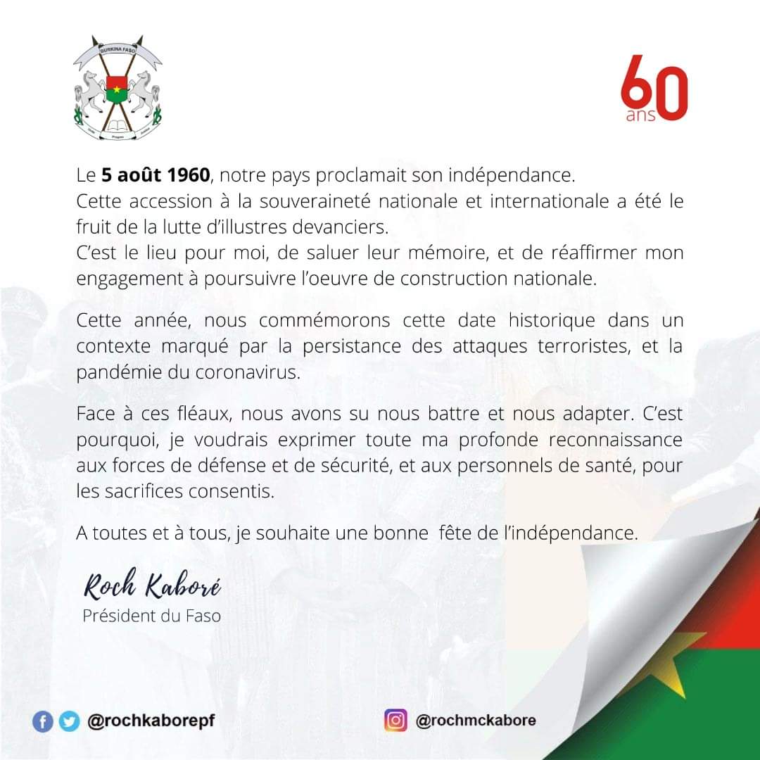 En ce 60e anniversaire de la proclamation de l'indépendance, je réaffirme mon engagement à poursuivre l'oeuvre de construction nationale.
#BurkinaFaso #lwili