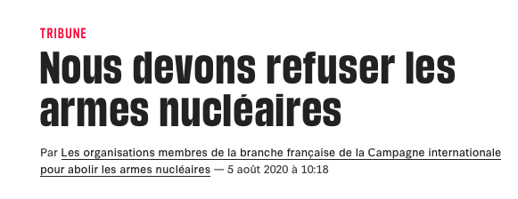 ICAN_France's tweet photo. TRIBUNE sur @libe - https://t.co/gagjoM5Y9D "Nous devons refuser les armes nucléaires"par #ICANFrance et ses organisations membres @IDN_Nucleaire @QuilsP @mvtpaix @NonviolenceFR @IppnwF @AFCDRP @prio91350 #Abolitiondesarmesnucléaires #PugwashFrance #MNLE #nuclearban @nuclearban https://t.co/db1P10co3i