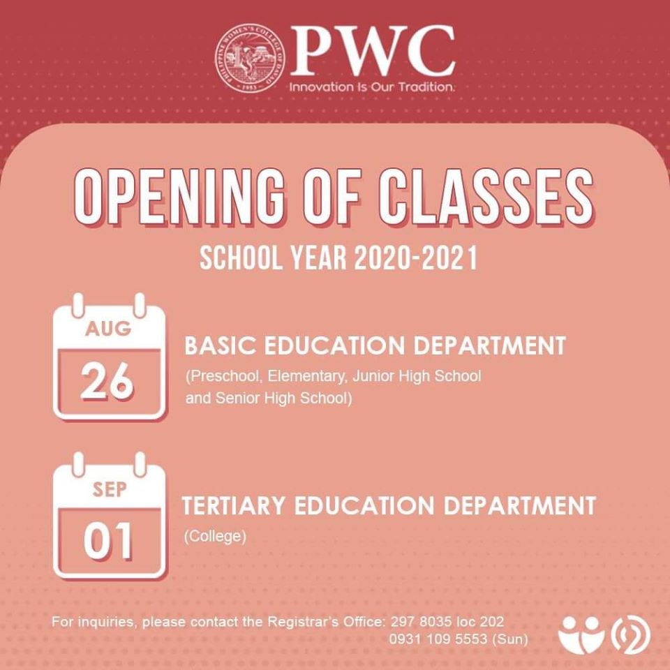 pwcofdavao's tweet image. OPENING OF CLASSES | Heads up, Philwomenians! We are excited to announce the schedule for the opening of classes for A.Y. 2020-2021.

Together, let&apos;s embark on this new era of learning through the new normal!

#PWCDigitalLearningCommons #PWCO2Approach #BlendedLearning