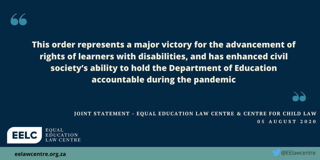 EElawcentre's tweet photo. @UPChildLaw , & its representatives, Equal Education Law Centre, welcome this court order as a significant victory for all learners with disabilities, and are committed to monitoring @DBE_SA 's compliance with the order over the next 6 weeks. #SafeSpecialSchools #LeftBehindAgain https://t.co/4FUwMGYGmy