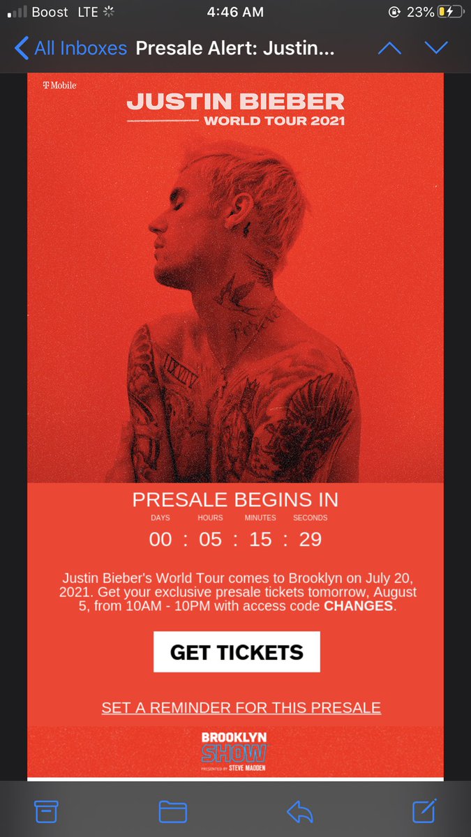 if anyone needs a presale code for Justin’s nyc show at Barclays center , here’s what I got!