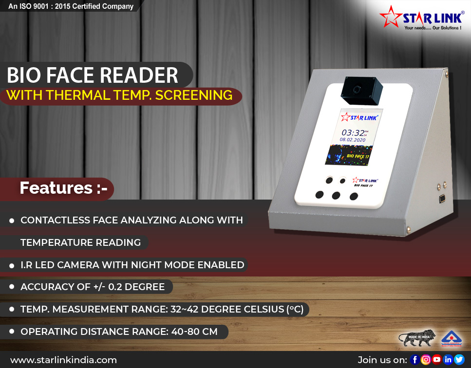 starlinkindia's tweet image. #BIO-#FACE_READER
Introducing the latest #thermal_temperature sensing feature in our all-rounder #Indian face reading attendance and access control giant, the Bio-Face Reader. 

🎥: youtube.com/watch?v=1WP7aa… 
✅: bit.ly/2DoRecu
🌐: starlinkindia.com

#makeinindia