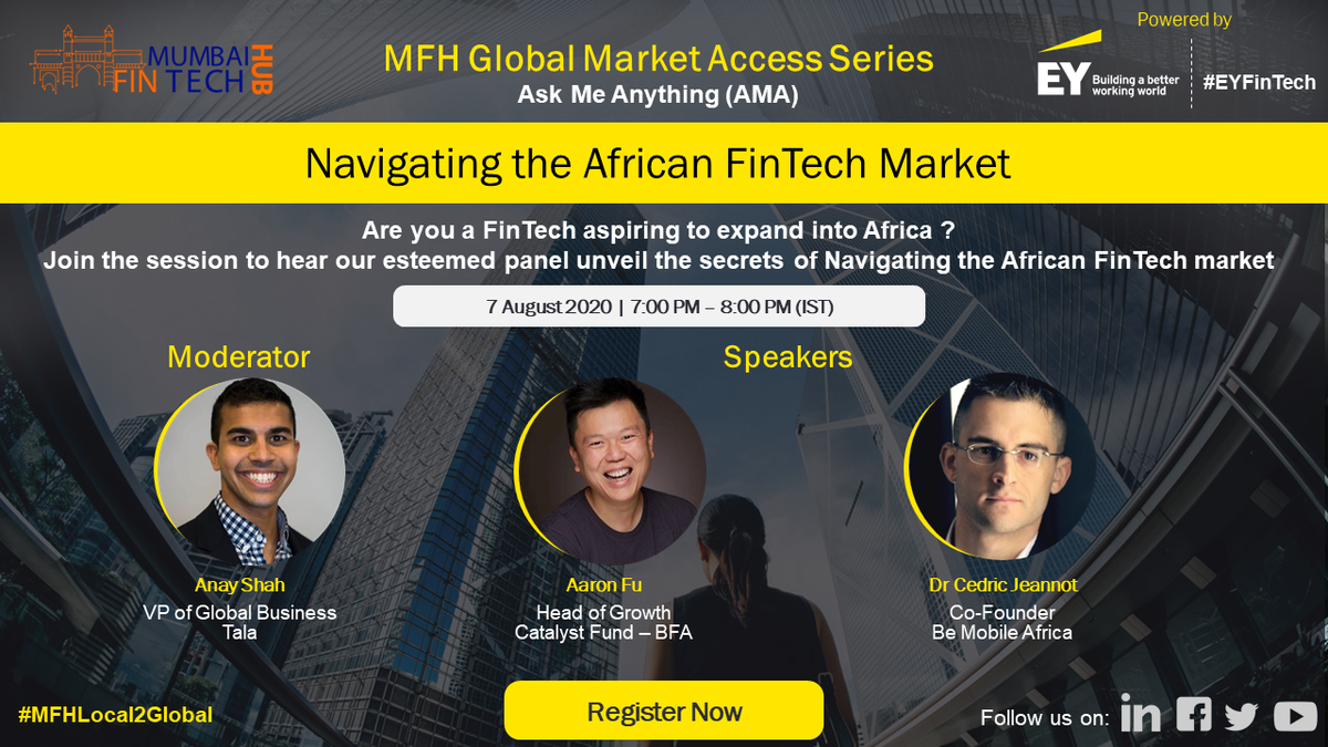 MumFinTechHub's tweet photo. Looking to expand your #fintech business to #Africa?
You wouldn't want to miss our session on the African FinTech market!
Join us on 7 August, 7-8 PM IST
Register now👉https://t.co/D3LOsDXN79
#MFHLocal2Global #EYFinTech
@sunitinanda @AaronQFu @anayshah @kshirsagar https://t.co/imiDTZcAUW