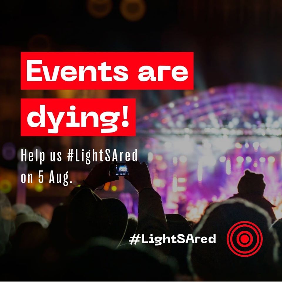 Today, 5 Aug 2020, from 6pm-8pm, we will stand together as a nation and #LightSAred to support the Events Industry &amp; all industries affected by the National Lockdown 🔴

Let’s support our economy &amp; our beautiful country by lighting South Africa red tonight 🇿🇦

#LightSAred