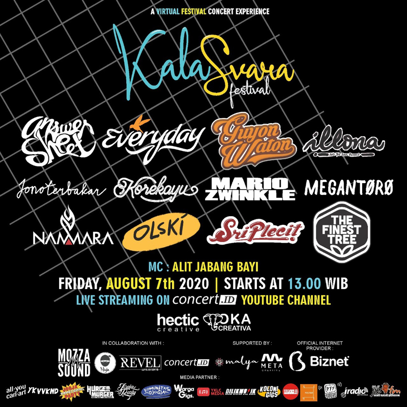 KalaSvara Festival
Virtual home concert musisi Jogja
.
<a href="/answer_sheet/">“Menuju 25” sudah rilis di Spotify!</a> <a href="/TheEverydayBand/">theEVERYDAYband</a> <a href="/jonoterbakar/">Jono Terbakar</a> <a href="/Korekayu_/">Korekayu</a> <a href="/Mario_Zwinkle/">Mario Zwinkle</a> <a href="/olskitty/">olski.</a> <a href="/theFinestTree/">the Finest Tree</a> <a href="/sriplecit/">sriplecit</a> <a href="/alitalit_/">bapak angkat sulcata</a> &amp; etc
.
LIVE Youtube : Concertid
7 Agustus 2020
13.00-21.00
.
GRATIS!!
Info : instagram.com/hectic_creativ…