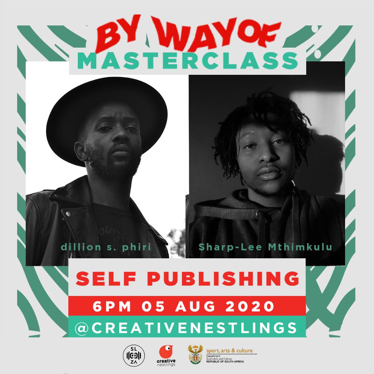 creativenestlin's tweet photo. Want to know about self publishing a book? Join @dillionsphiri & @LeetchiSan as they discuss self publishing their creative books.
Join here: https://t.co/VpTSAJ1Ka5
#bywayofmasterclass supported by @SportArtsCultur. #conversationsoncreativity https://t.co/hdBNYV37Qw