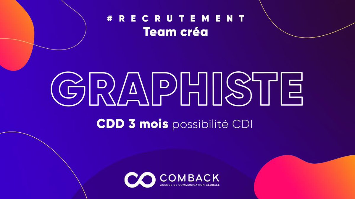 AgenceComback's tweet photo. La #TeamComback recrute. 
Curieux et créatif, vous avez un bac +4 en design/graphisme et 4 ans d'expérience en agence de com' ? Vous maîtrisez la suite Adobe CC et avez une excellente connaissance de la chaîne graphique ? 
➡️ Envoyez-nous vite CV et book à contact@comback.fr. https://t.co/aEzVP4oJqm