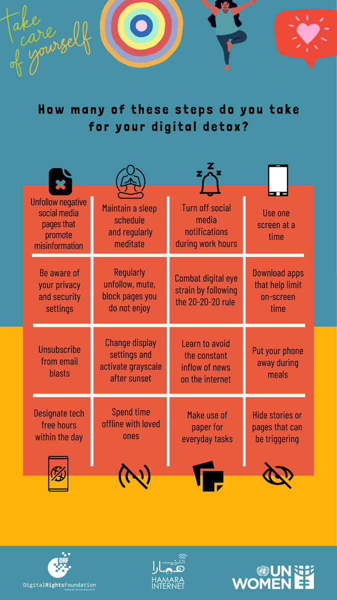DigitalRightsPK's tweet photo. We’re all on our phones and laptops for extended periods of time. It can be super exhausting and most of the time you won’t even feel it. These are some simple steps to create a better balance, on line and off line. 

@unwomen_pak @aisha_mukhtar https://t.co/oYef6EzmJD