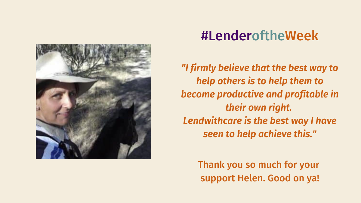 lendwithcare's tweet photo. Our #LenderoftheWeek is Helen, all the way from sunny Queensland in Australia! Helen has a cattle farm in the sunshine state, and like many of our entrepreneurs, she grows her own vegetables and keeps chickens. Good on ya Helen! We sincerely appreciate your support! 👍 👍 👍 https://t.co/ETn5Xj5Y4Q
