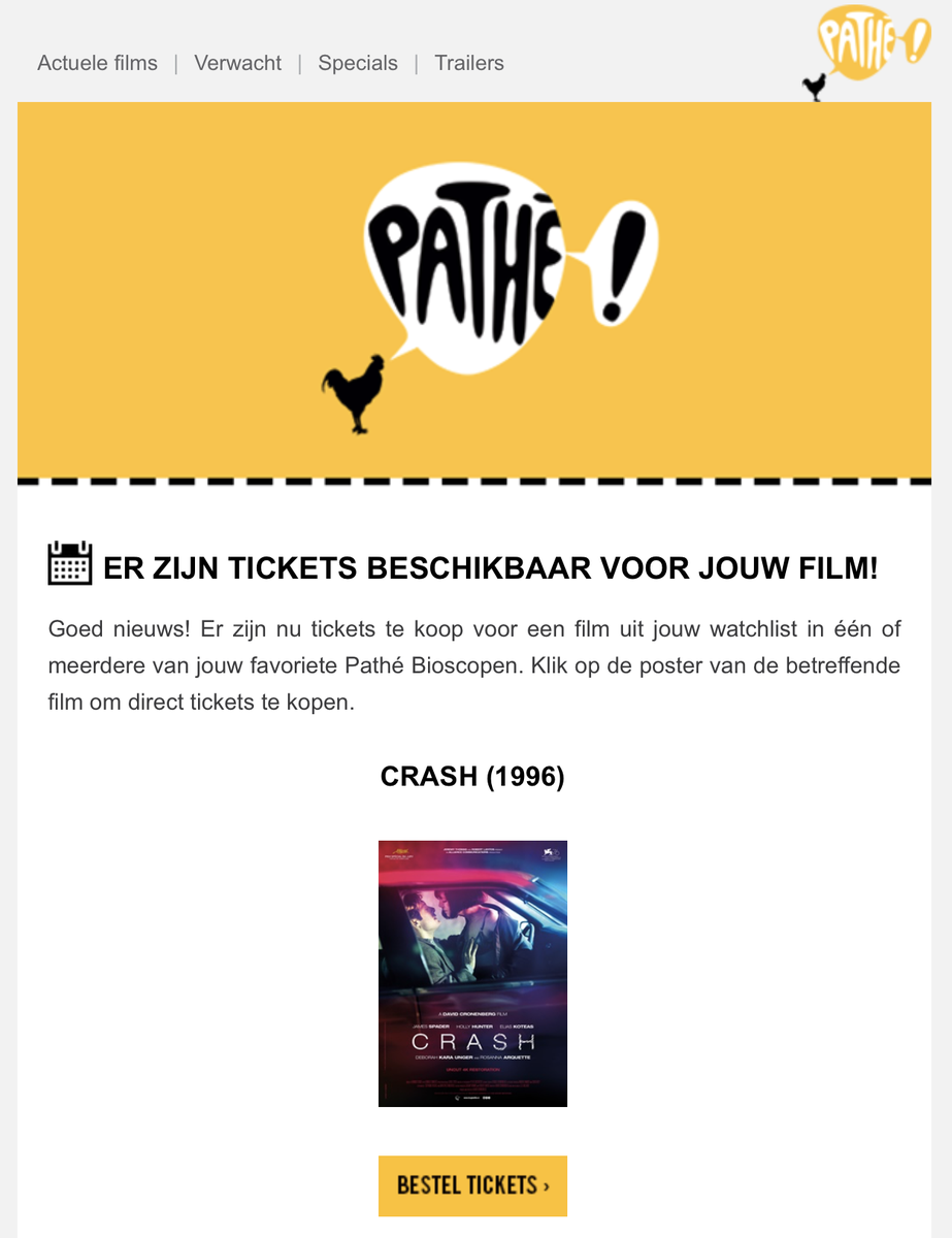 JRRGerth's tweet photo. @Pathe Vraagje: kreeg in de mail "ER ZIJN TICKETS BESCHIKBAAR VOOR JOUW FILM!" maar als ik op de link klik zie ik alleen maar tickets voor Pathe City AMS. (terwijl "mijn bioscopen" in Den Haag bevinden? Foutje? of komt deze vertoning van Crash ('96) ook nog in Den Haag? https://t.co/iCr1iGm2FW