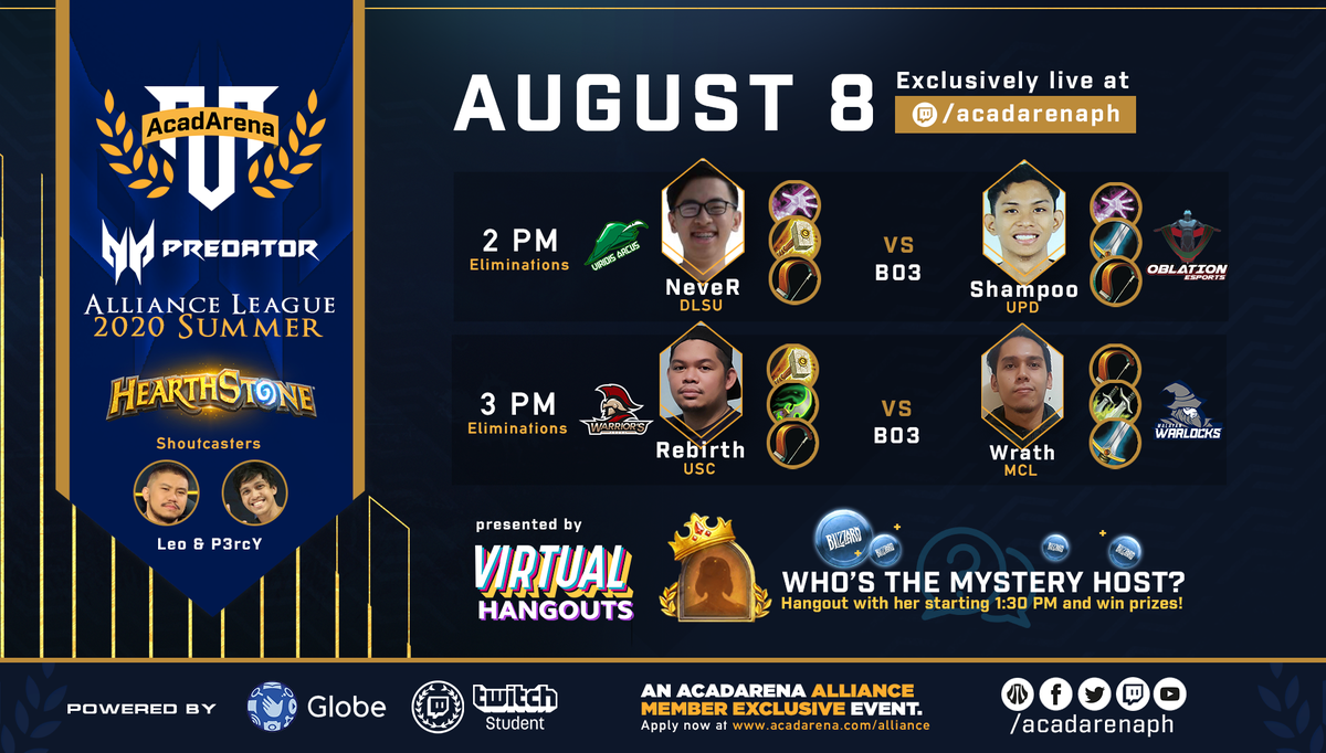 acadarena's tweet photo. It's Day 3 of #Predator Alliance League Summer 2020 #Hearthstone! Watch the #campusesports action LIVE on Aug 8 at https://t.co/EU6WpS7S6m
Wo will advance this weekend?
#DLSUWin or #UPDWin?
#USCWin or #MCLWin?
Tune-in to find out and win prizes too in our #VirtualHangouts! https://t.co/FmmCTXiemp