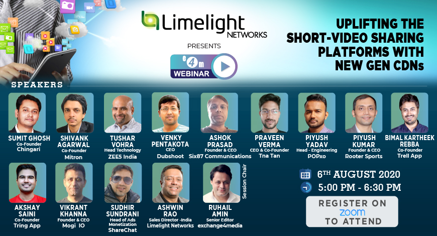 e4mevents's tweet photo. Catch them live tomorrow from 5 pm onwards at Limelight Networks (@llnw) presents #e4mWebinar on 'Uplifting the Short-Video Sharing Platforms with New Gen CDNs'.
Register here - https://t.co/gpHHPLHhgu

@IndiaTna, @TrellApp, @akshay_saini
@TringIndia, @sharechatapp, @mogiio_io https://t.co/JH60GnLwdG