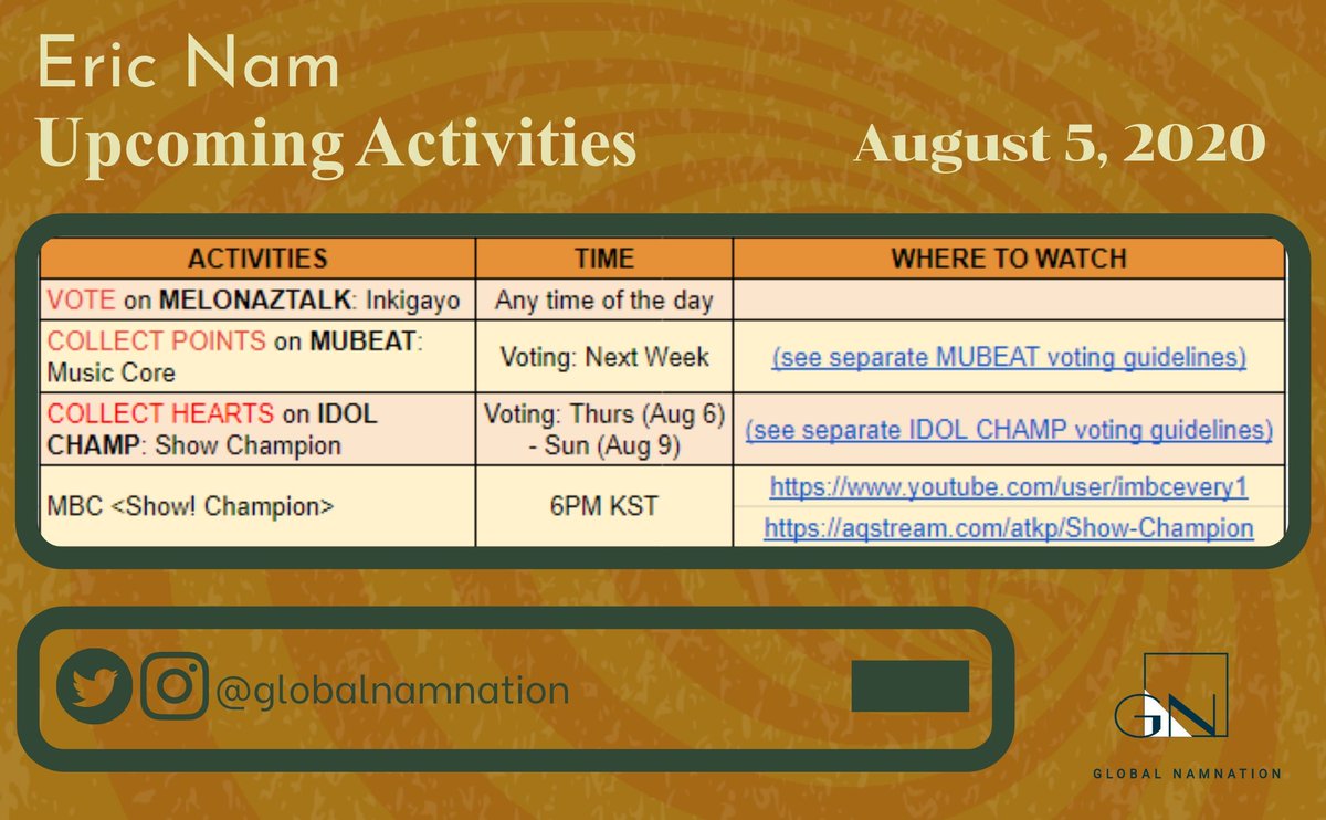 globalnamnation's tweet image. 📆 #EricNamSchedule August 5, 2020
🖲 #VotingGuide on attached thread.

Also, STREAM #TheOtherSide #ParadiseWithEricNam #EricNam