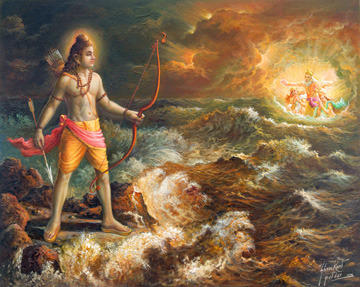 tato madhyaat samudrasya saagaraH svayam utthitaH |udayan hi mahaashailaan meror iva divaa karaH ||Then, Sagara (the ocean god) himself rose from the middle of the ocean as the sun rises at dawn from the huge mountain of Meru.