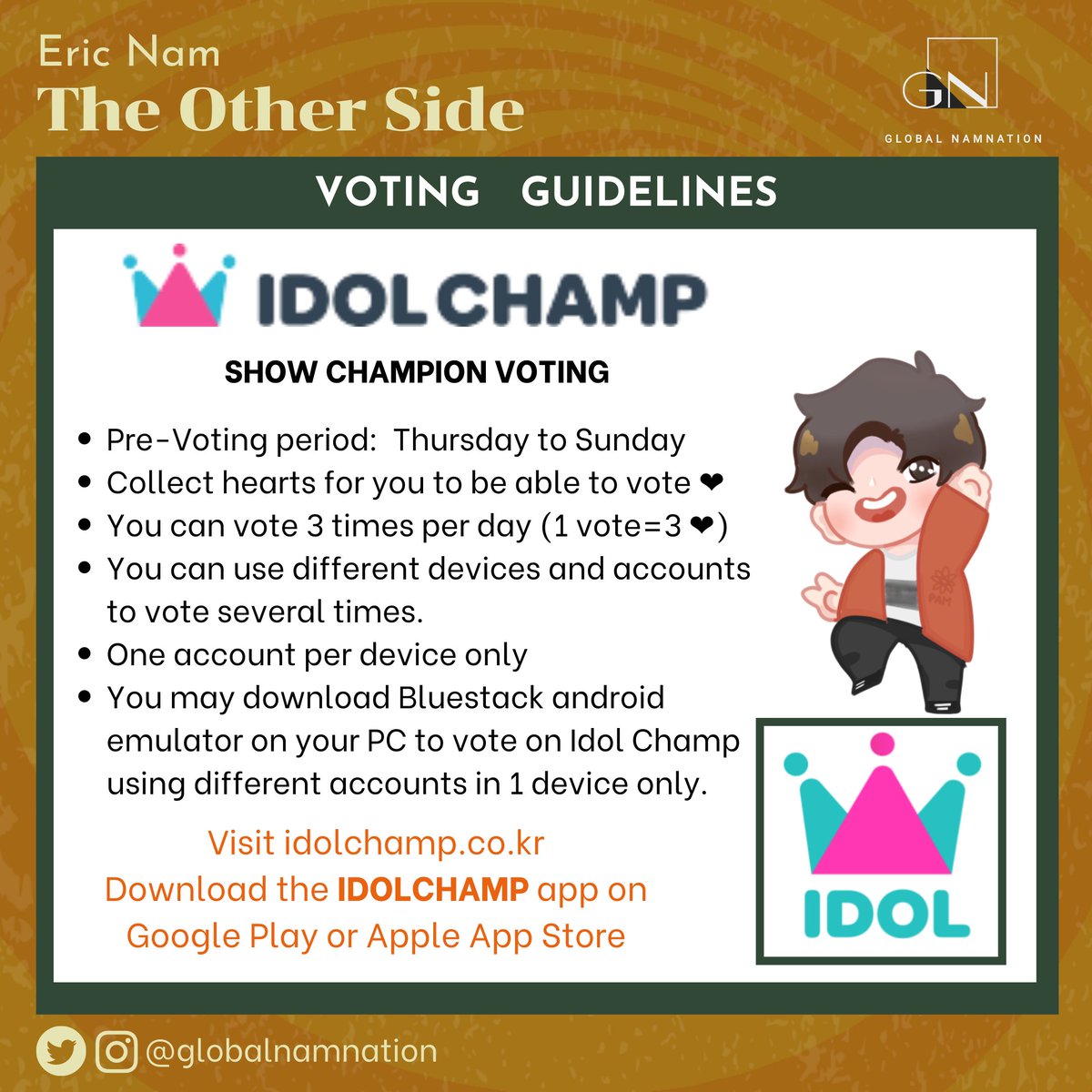 globalnamnation's tweet image. 🖲 #VotingGuide for IDOL CHAMP: MBC Show Champion (1/3)

Also, STREAM #TheOtherSide #ParadiseWithEricNam #EricNam @ericnamofficial @enmgmt