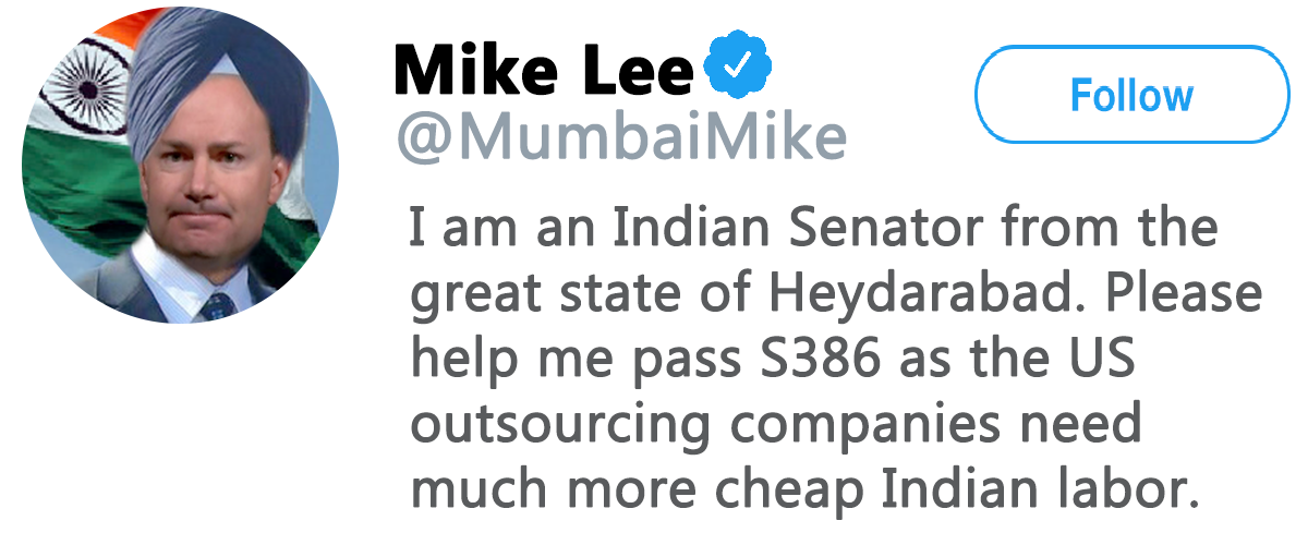 lucy_power__'s tweet photo. @SenMikeLee #MumbaiMike, and #IndianJohn stop selling out the American workers to the silicon valley and outsourcing companies via the trailer bill #S386.#NoS386 #S386OutsourcingBill https://t.co/4dmYY6ZTBi https://t.co/S9JSe43P8e