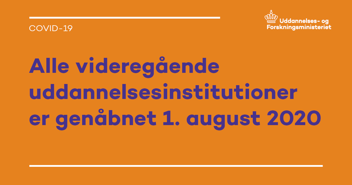 UFM_MIN's tweet photo. Vedr. fase 4: Alle videregående uddannelsesinstitutioner er genåbnet pr. 1. august 2020. Genåbningen sker inden for de gældende retningslinjer for en ansvarlig genåbning https://t.co/3VCaUTQUkC #covid19dk #uddpol #dkudd #genåbning #dkpol https://t.co/9BPyfgmVV5