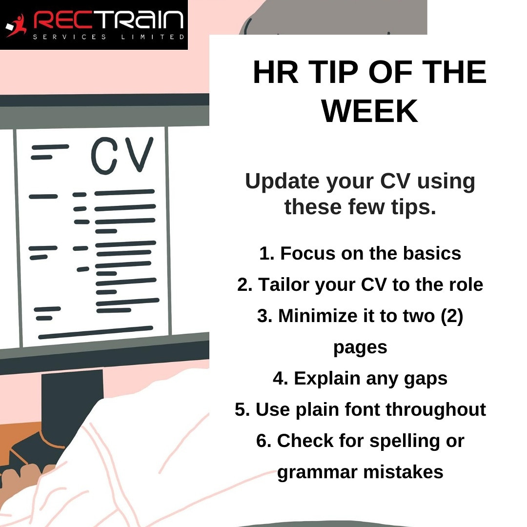 Rectrainservice's tweet photo. When did you last update your CV? Are you sure your CV is properly written? Do you need help updating your CV?
Well, here are a few tips you can use to update your CV. You can DM us or comment below should you require any form of assistance.
#cv #cvtips #hrtips #midweektips #hr https://t.co/mk8devbDUq