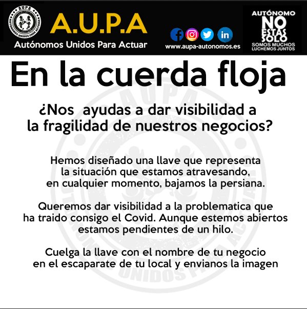AUPA_Autonomos's tweet photo. Participa en la nueva acción de AUPA. No te costará tiempo. No te costará dinero. No tienes que cerrar tu negocio. No tienes que trasladarte de tu provincia....
 
Cuelga en tu negocio la llave de AUPA y envíanos una foto. 
 
TODA LA INFORMACIÓN EN LA IMAGEN.
 
#yosoyAUPA https://t.co/iWManfo89a