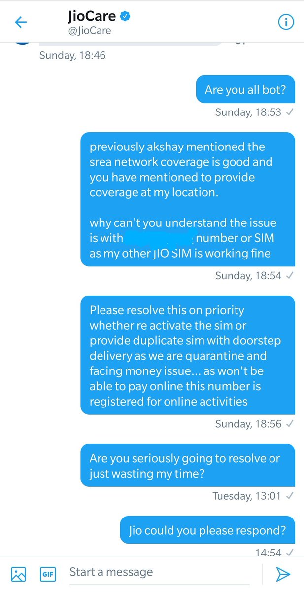 Aishwarya013's tweet image. My Tweet with JIO reponse- As we are able to see they don't bother about their customers.. I'm chasing since last week and they don't bother to resolve/respond.
@JioCare
@reliancejio
@ShieldVoC
@TRAI
@Consumer2Court
@ConsumerVoiceIn
#consumer
#people
#falsecommitment
#Retwittear