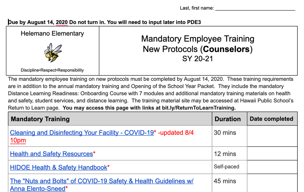 ChadNacapuy's tweet photo. Stole this from Radford High School (thanks Tyler Brown). Its a cheat sheet for the videos for all counselors, cafe,health,custodian,teachers. It was updated tonight to reflect all the changes. https://t.co/ncZ8O3gepU @HIDOE808 https://t.co/IVlKdq111M